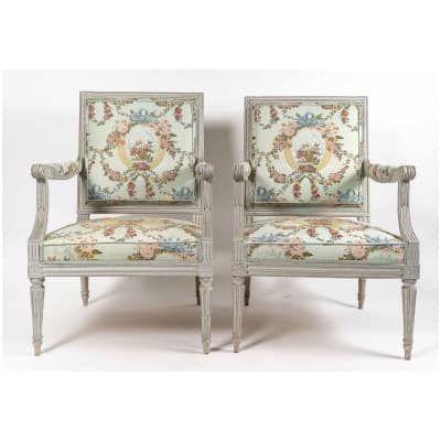Adrien-Pierre Dupain Paire de fauteuils à la Reine en bois laqué époque Louis XVI vers 1780