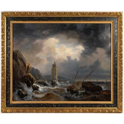 Johann-Jakob Ulrich (1798-1877) – Bateau de pêche dans les brisants huile sur toile vers 1837