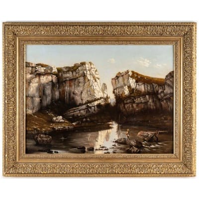 Théodore Levigne – Pêche en montagne huile sur toile fin du XIXème siècle