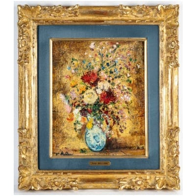 Serge Belloni « Le peintre de Paris » – Bouquet de Fleurs aux Reflets Dorés huile sur carton