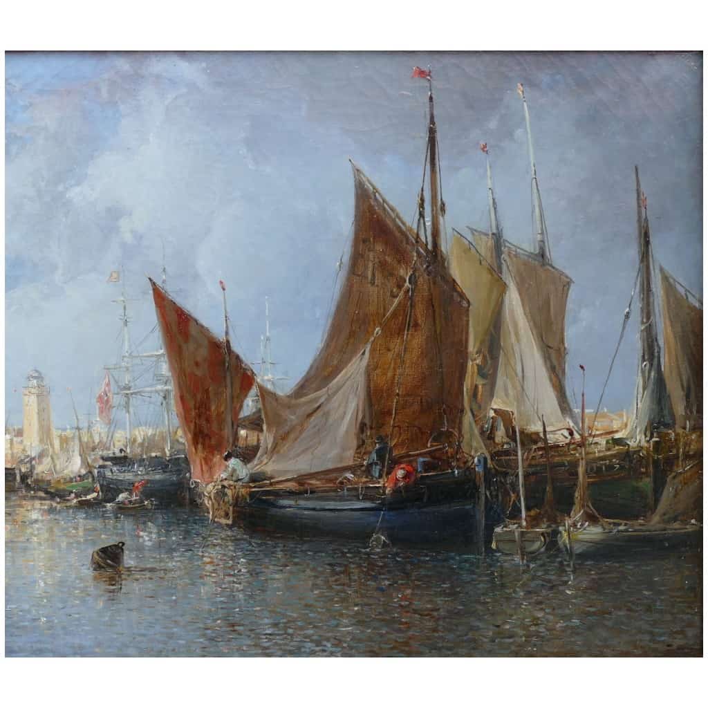 Noel Jules Tableau Français Ancien 19è Port En Normandie Huile Sur Toile Signée Et Datée 6