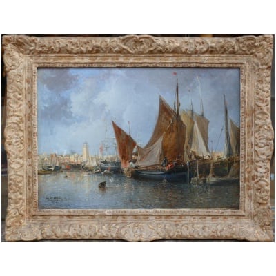 Noel Jules Old French Painting 19th Port In Normandy Oil On Canvas Signed And Dated