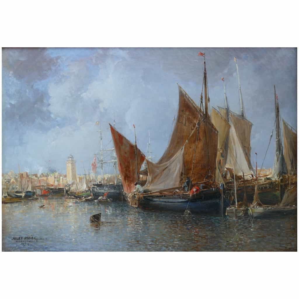 Noel Jules Old French Painting 19th Port In Normandy Oil On Canvas Signed And Dated 8