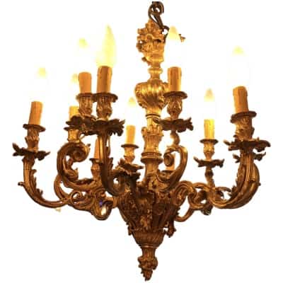 Lustre Rocaille Style Louis XV Napoleon III Suspension 19è Siècle Bronze Doré 12 Lumières