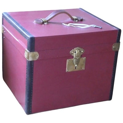 1930s French hat trunk in red canvas, cube shaped travel trunk