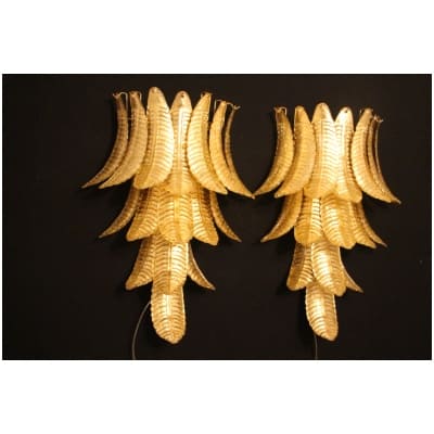 Pair of long wall lights in gilded Murano glass in the shape of a palm tree