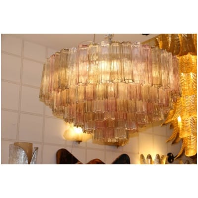 Venini chandelier in pink, white and amber Murano glass