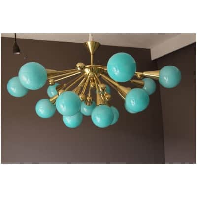 Half sputnik chandelier in turquoise blue glass