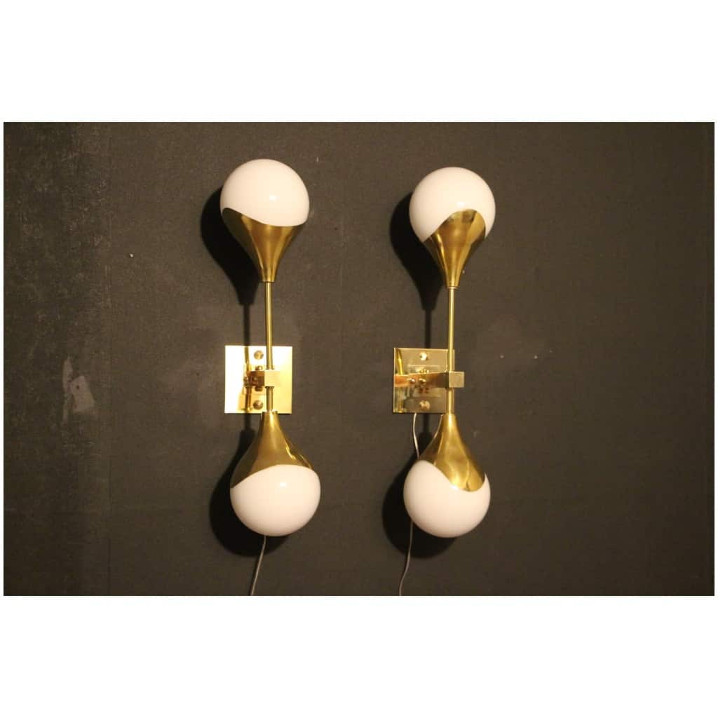 Pair of White Murano Glass and Brass Wall Sconces, Style Stilnovo 3