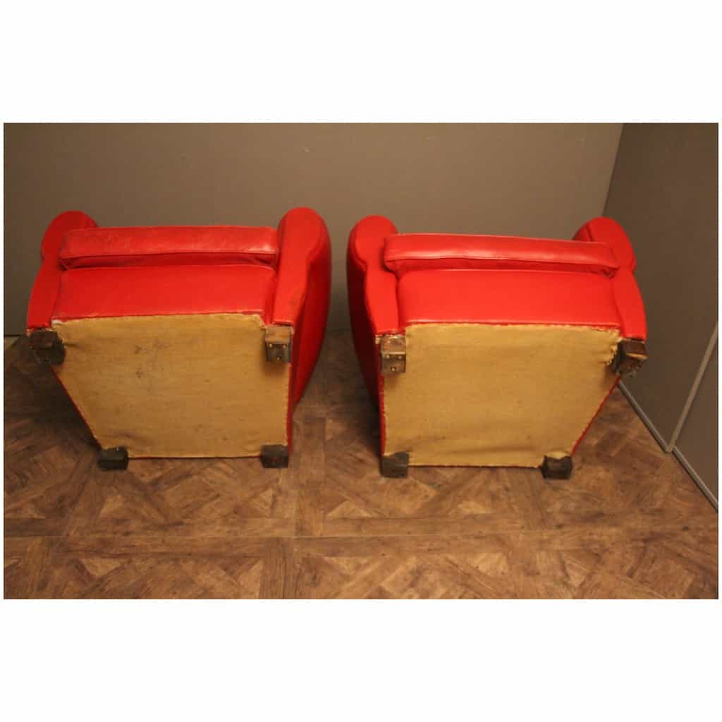 Pair of old red leather club chairs, mustache shape 11