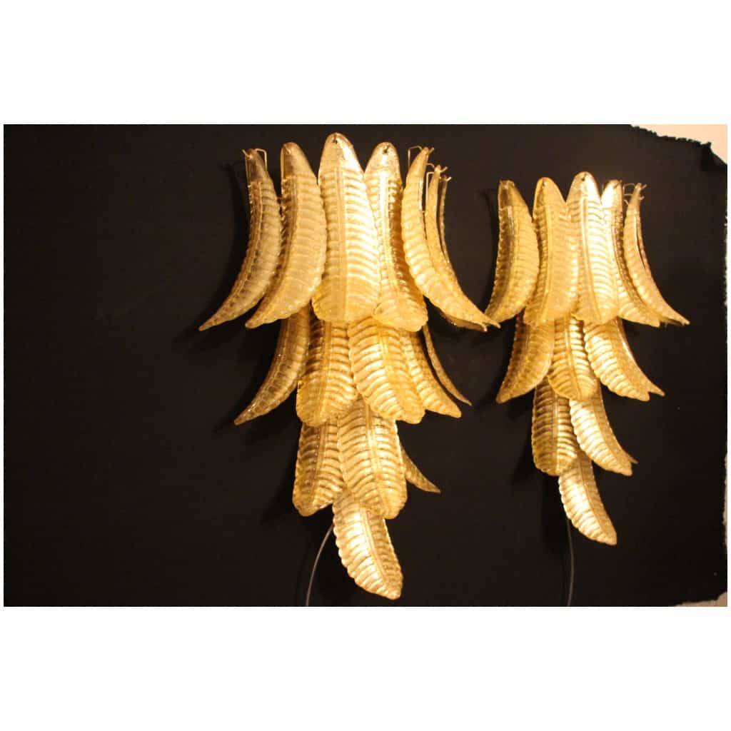 Paire d’appliques longues en verre de Murano doré en forme de palmier 13