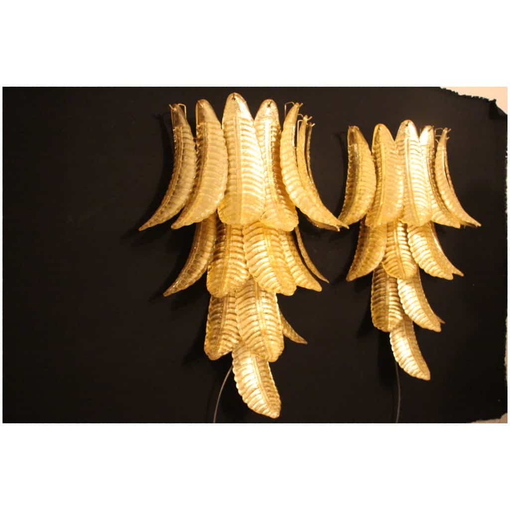 Pair of long sconces in golden Murano glass in the shape of a palm tree 13