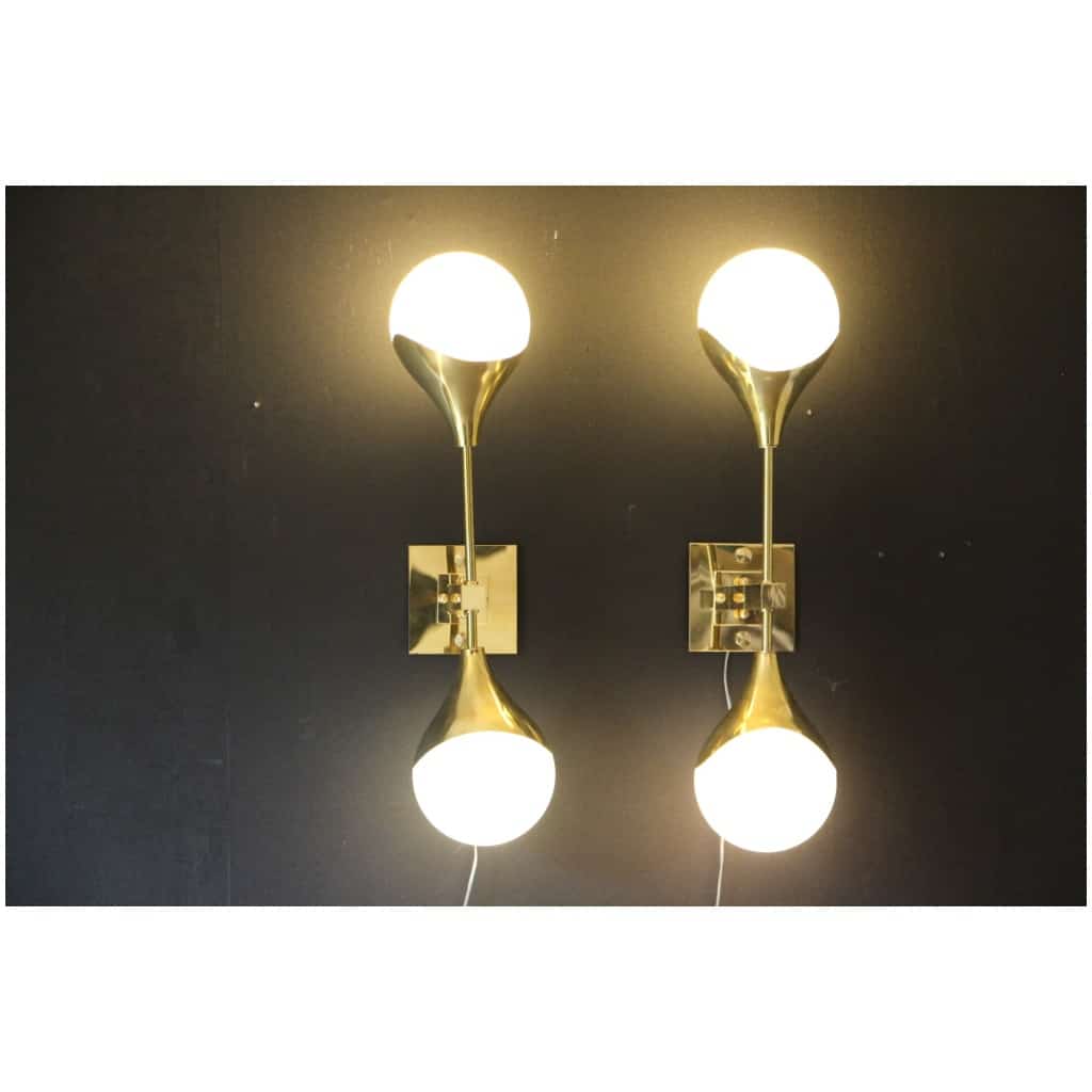 Pair of White Murano Glass and Brass Wall Sconces, Style Stilnovo 14