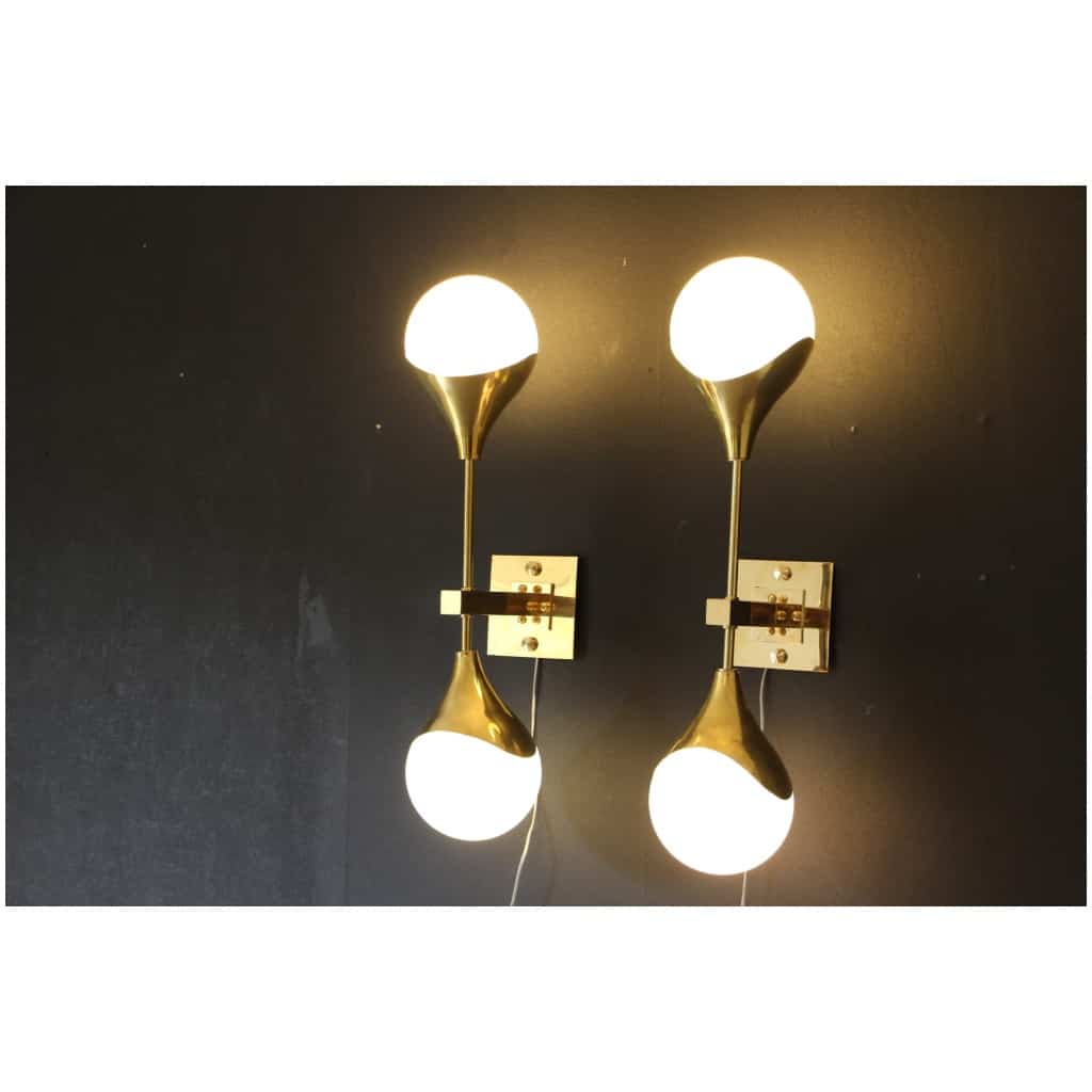Pair of White Murano Glass and Brass Wall Sconces, Style Stilnovo 15