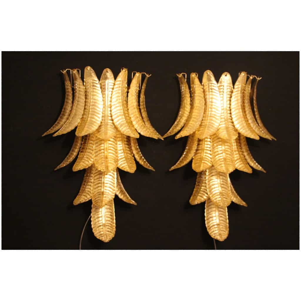 Paire d’appliques longues en verre de Murano doré en forme de palmier 15