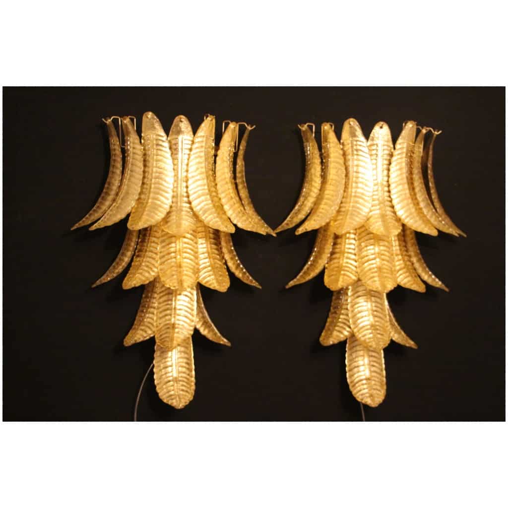 Pair of long sconces in golden Murano glass in the shape of a palm tree 15