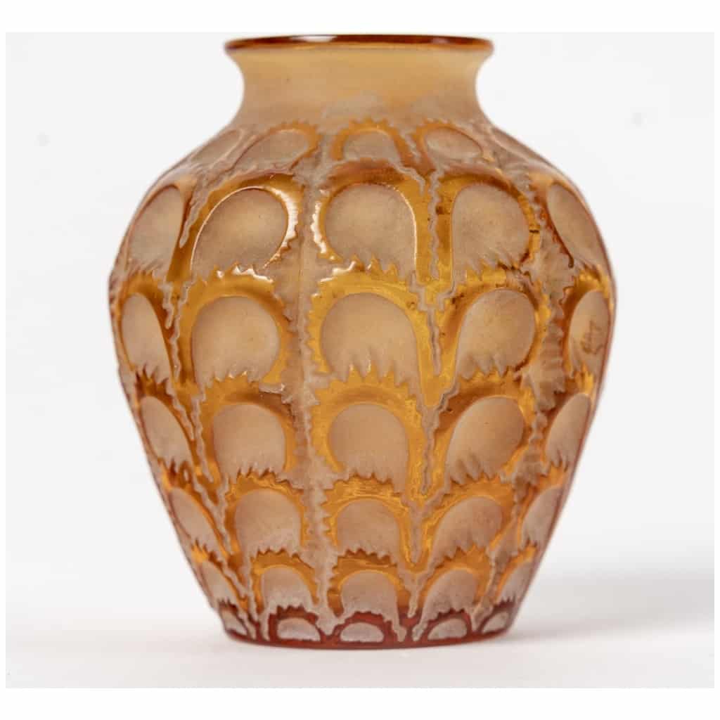 1931 René Lalique – Vase Laiterons Verre Jaune Ambré Patiné Beige 3