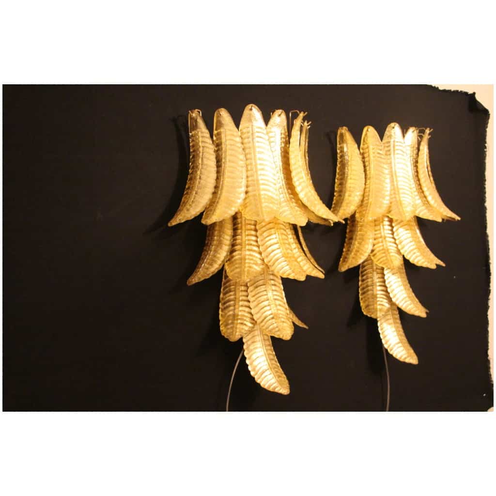 Pair of long sconces in golden Murano glass in the shape of a palm tree 17