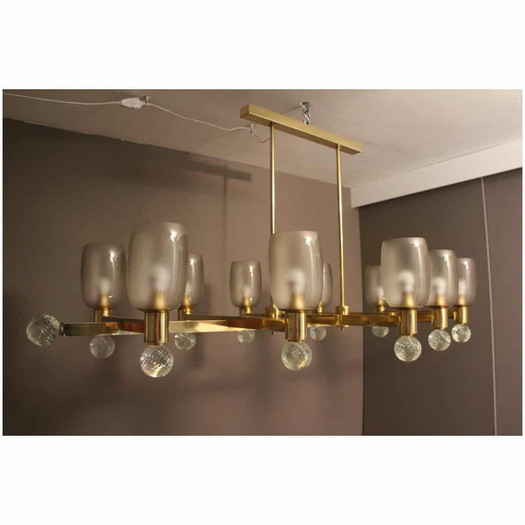 Grand lustre ovale en laiton et verre de Murano champagne 18