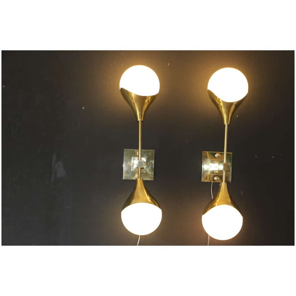 Pair of White Murano Glass and Brass Wall Sconces, Style Stilnovo 20