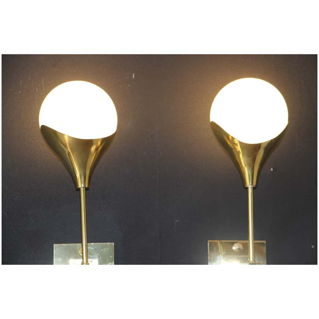 Pair of White Murano Glass and Brass Wall Sconces, Style Stilnovo 21