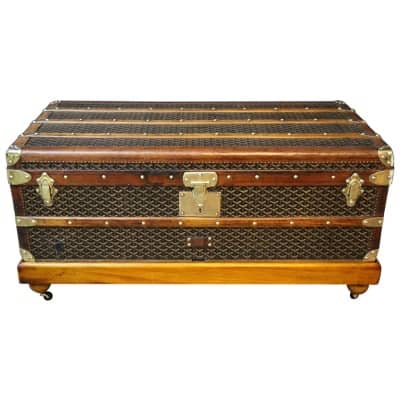 Coffre de cabine Goyard des années 1920 en toile à chevrons