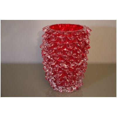Ancien vase en verre de Murano rouge Rostrato rubis
