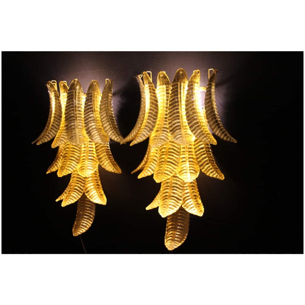 Pair of long sconces in golden Murano glass in the shape of a palm tree 5