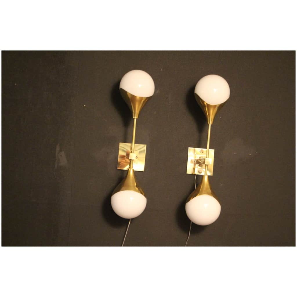 Pair of White Murano Glass and Brass Wall Sconces, Style Stilnovo 22