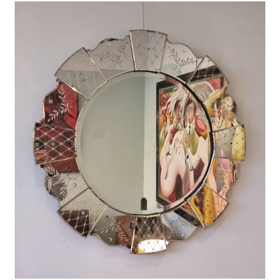Miroir Vénitien Rond – Verre Gravé – 20ème