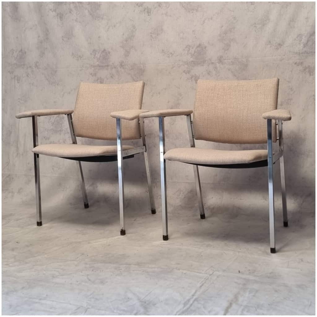 Pair of Folding Seat Armchairs – Fritz Hansen – Chromed Metal – Ca 1970 3