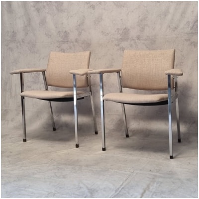 Pair of Folding Seat Armchairs – Fritz Hansen – Chromed Metal – Ca 1970