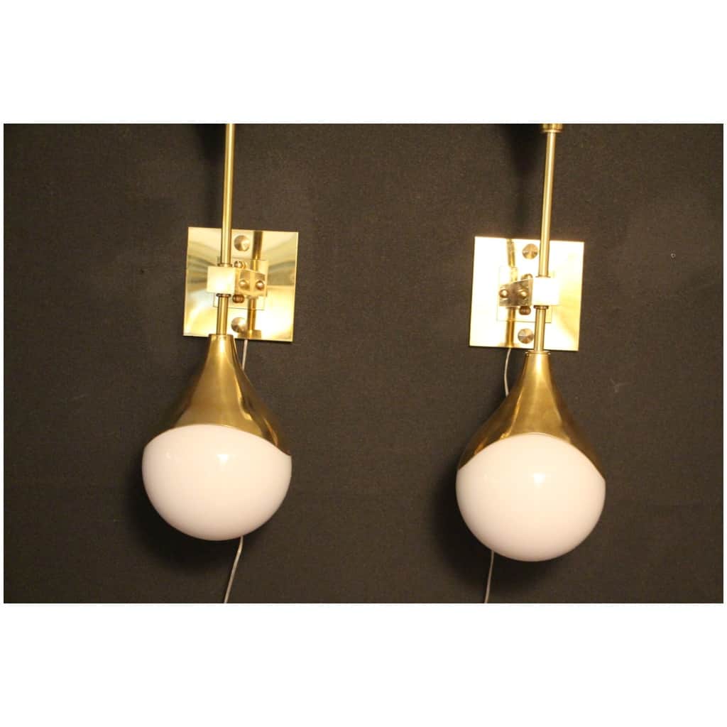 Pair of White Murano Glass and Brass Wall Sconces, Style Stilnovo 23