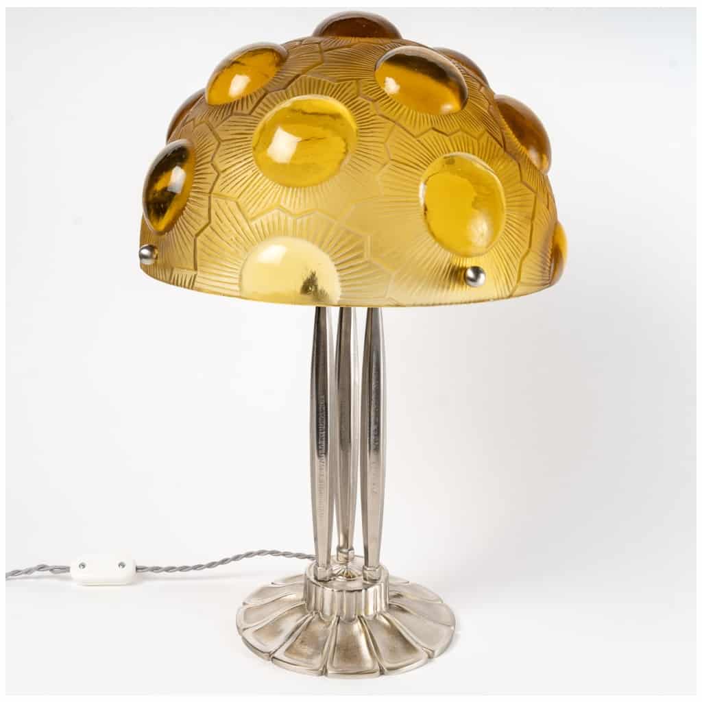 1926 René Lalique – Lampe Soleil Verre Jaune Et Bronze Nickelé 4