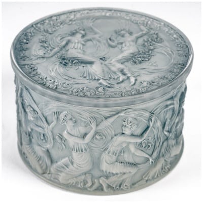 1929 René Lalique – Boite Figurines et Voiles Verre Blanc Patiné Bleu