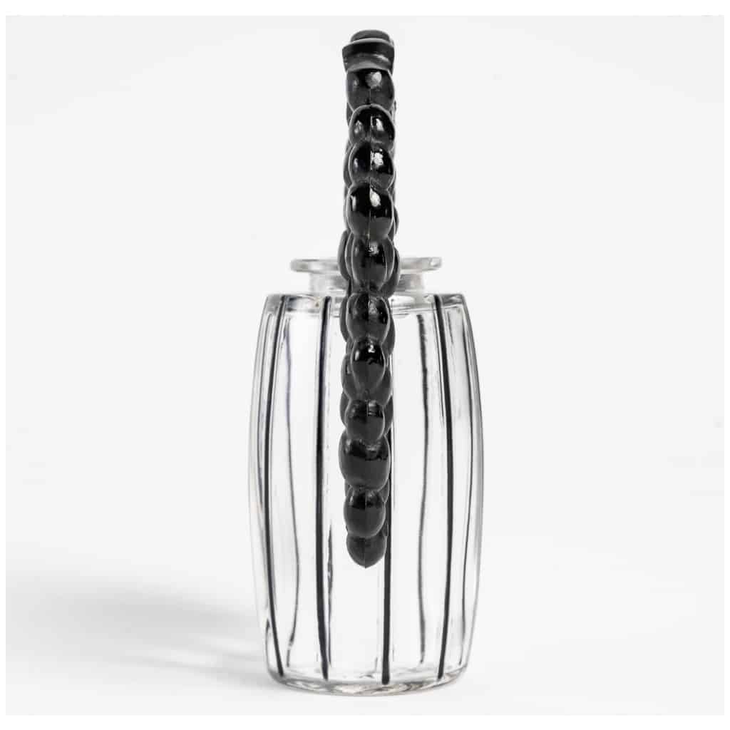 1920 René Lalique – Black Enamelled White Glass & Black Glass 6 Cassis Stopper Bottle