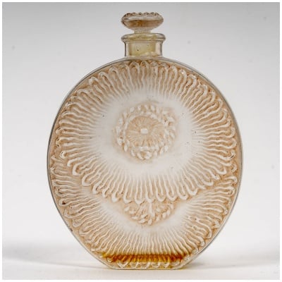 1927 René Lalique – Flacon Pavots d’Argent Verre Blanc Patiné Sépia Pour Roger & Gallet
