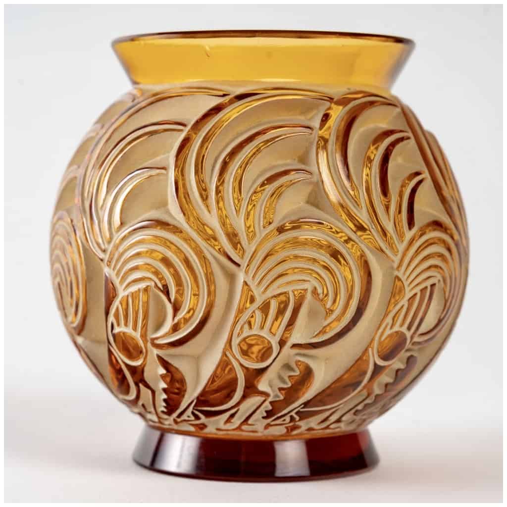 1931 René Lalique – Vase Bresse Verre Jaune Ambre Patiné Vert Beige 3
