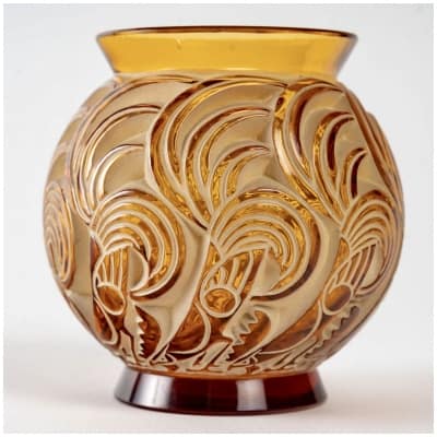 1931 René Lalique – Vase Bresse Verre Jaune Ambre Patiné Vert Beige