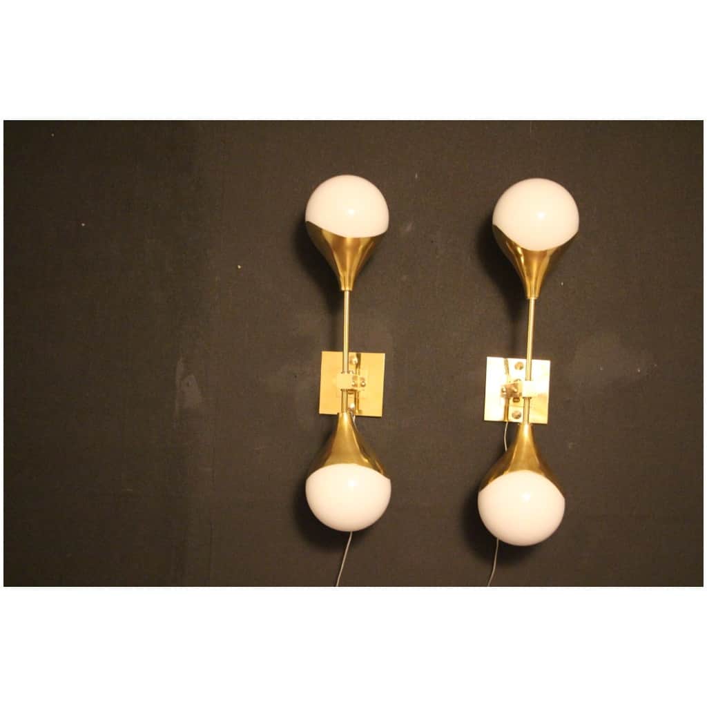 Pair of White Murano Glass and Brass Wall Sconces, Style Stilnovo 5