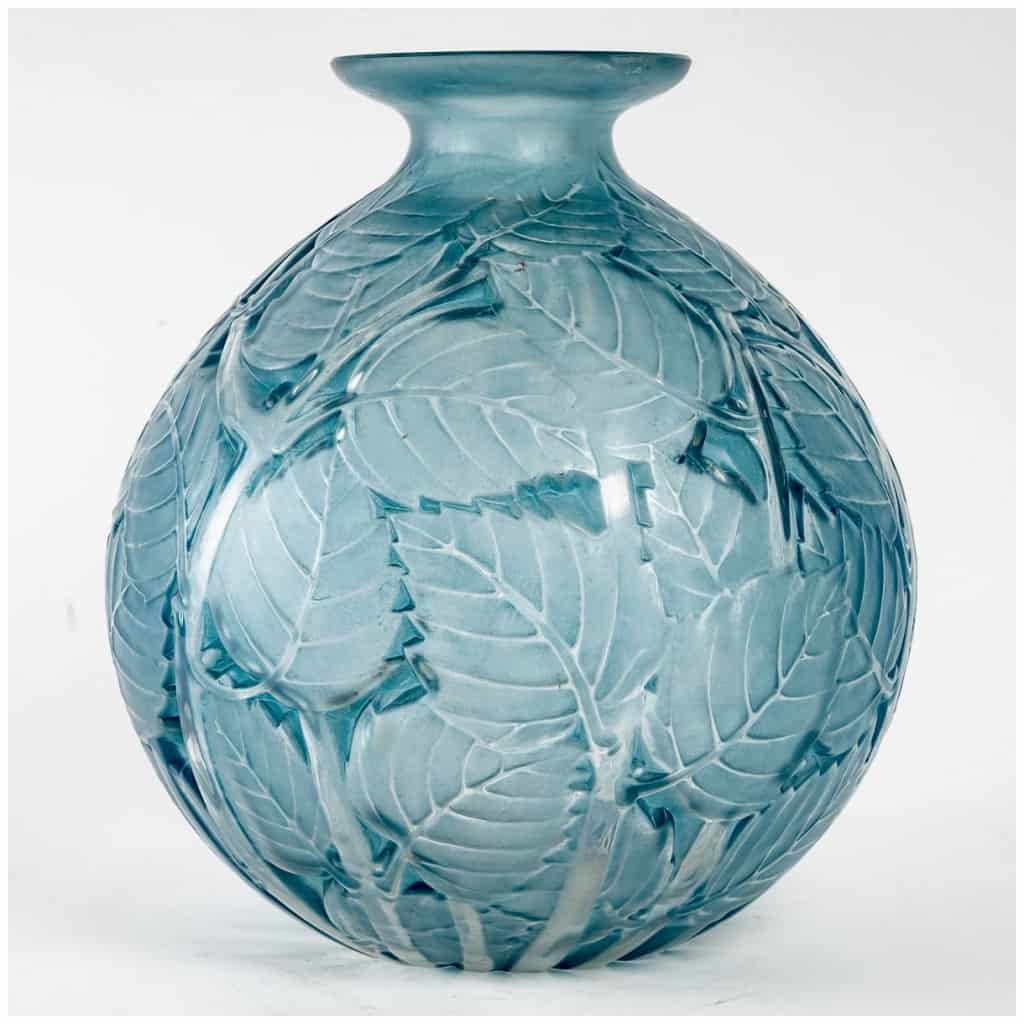 1929 René Lalique – Paire De Vases Milan Verre Blanc Patiné Bleu 4