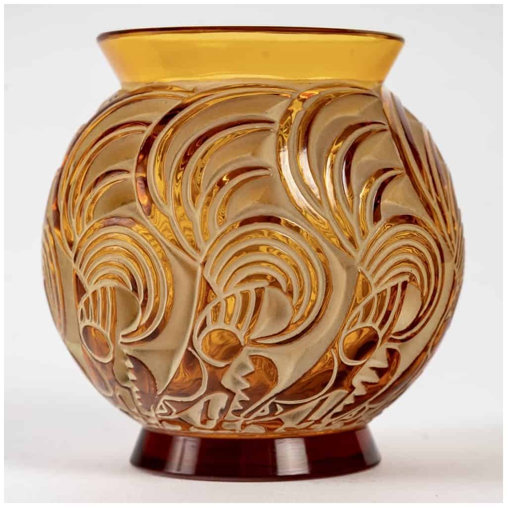 1931 René Lalique – Vase Bresse Verre Jaune Ambre Patiné Vert Beige 4