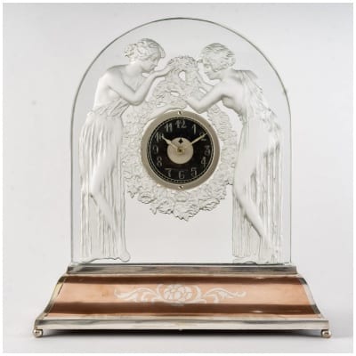 1926 René Lalique – Pendule Deux Figurines Verre Blanc – Socle Américain