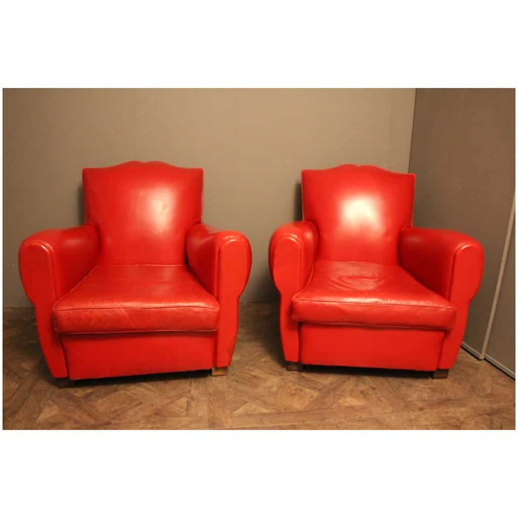 Pair of old red leather club chairs, mustache shape 5