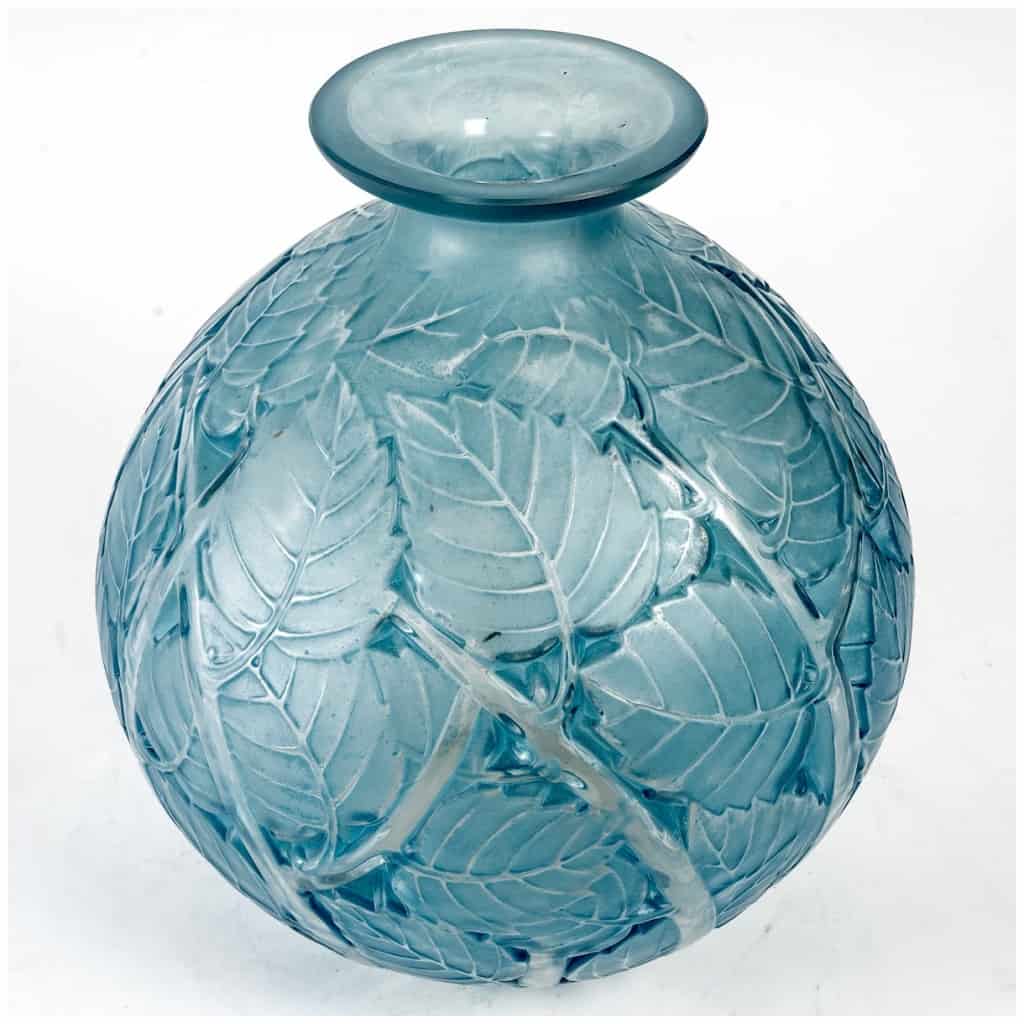 1929 René Lalique – Paire De Vases Milan Verre Blanc Patiné Bleu 6