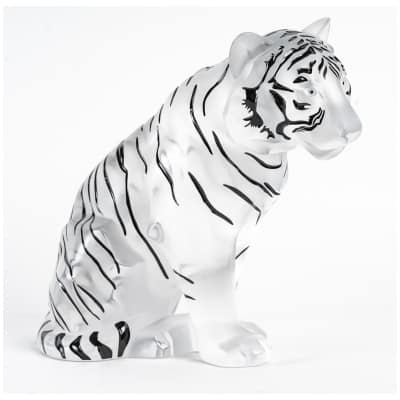 Lalique France - Black Enamelled White Crystal Tiger Sculpture - Mint In Box With Certificate