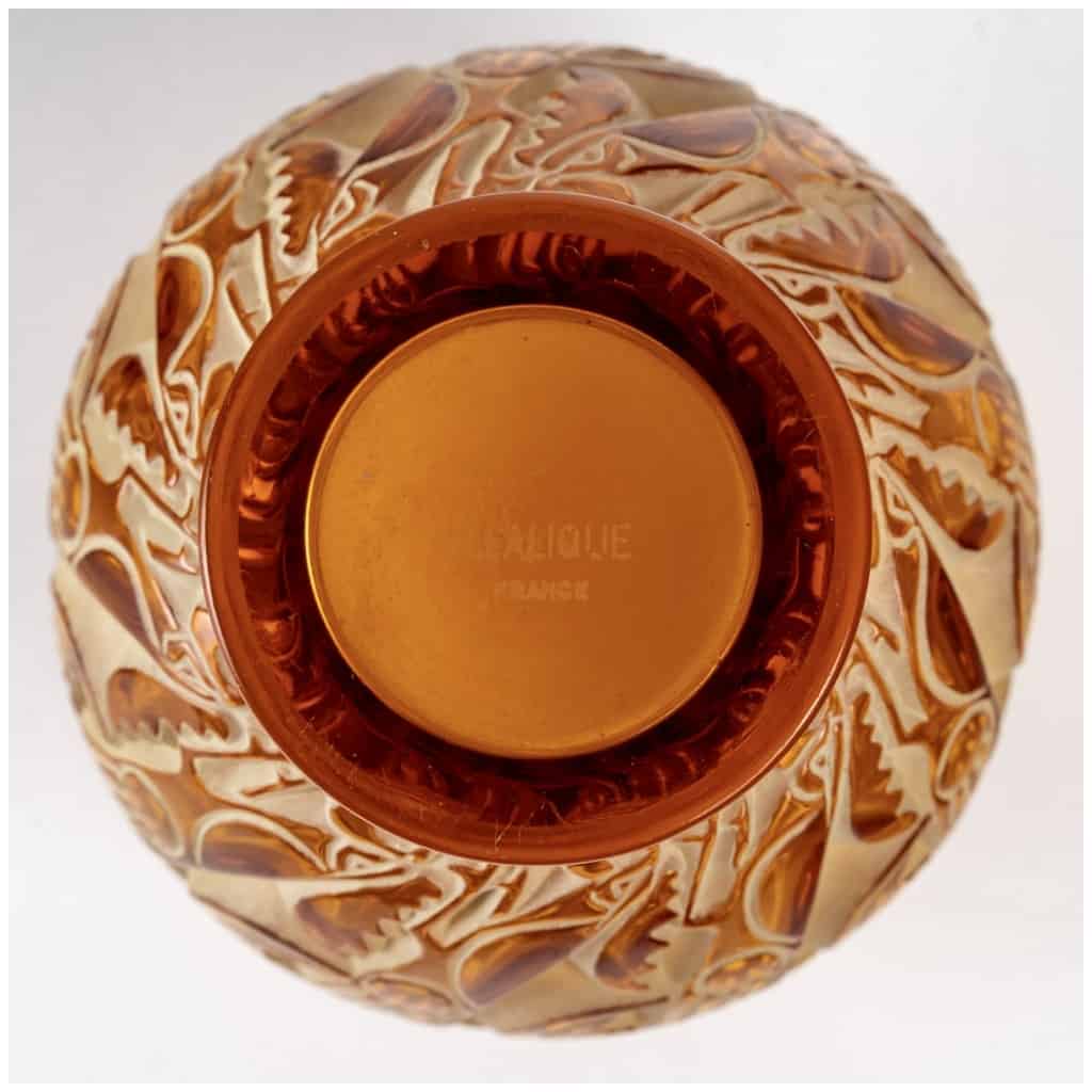 1931 René Lalique – Vase Bresse Verre Jaune Ambre Patiné Vert Beige 9