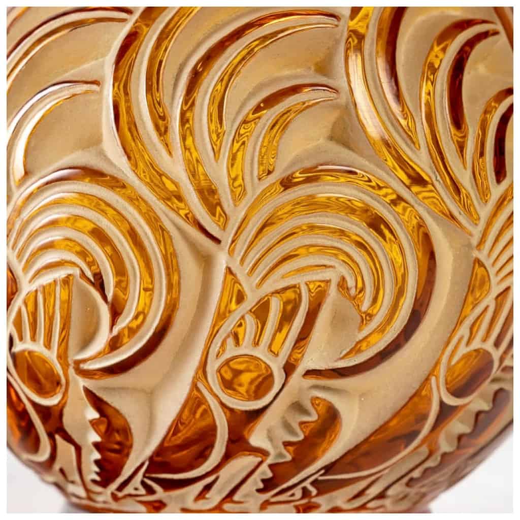 1931 René Lalique – Vase Bresse Verre Jaune Ambre Patiné Vert Beige 8