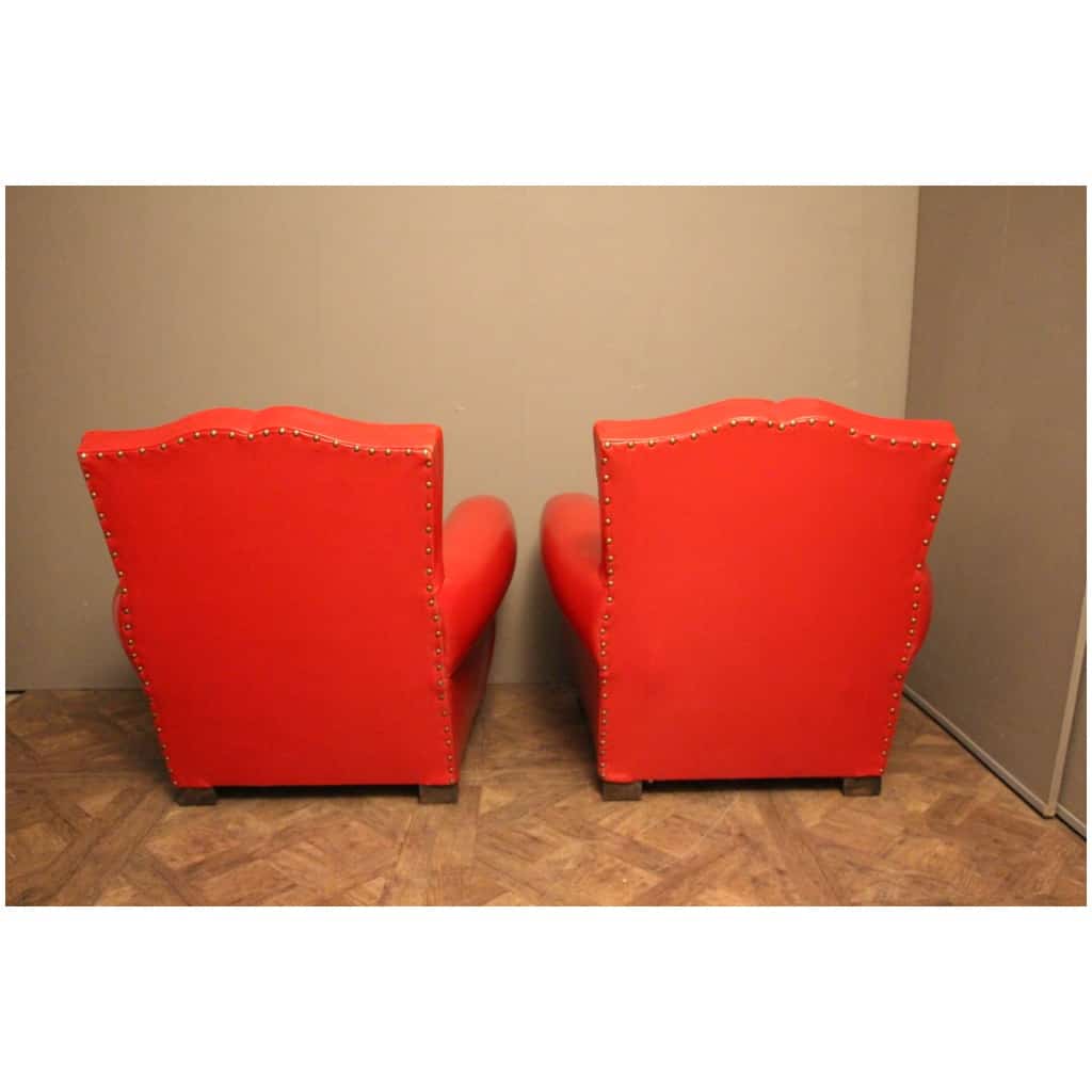 Pair of old red leather club chairs, mustache shape 8