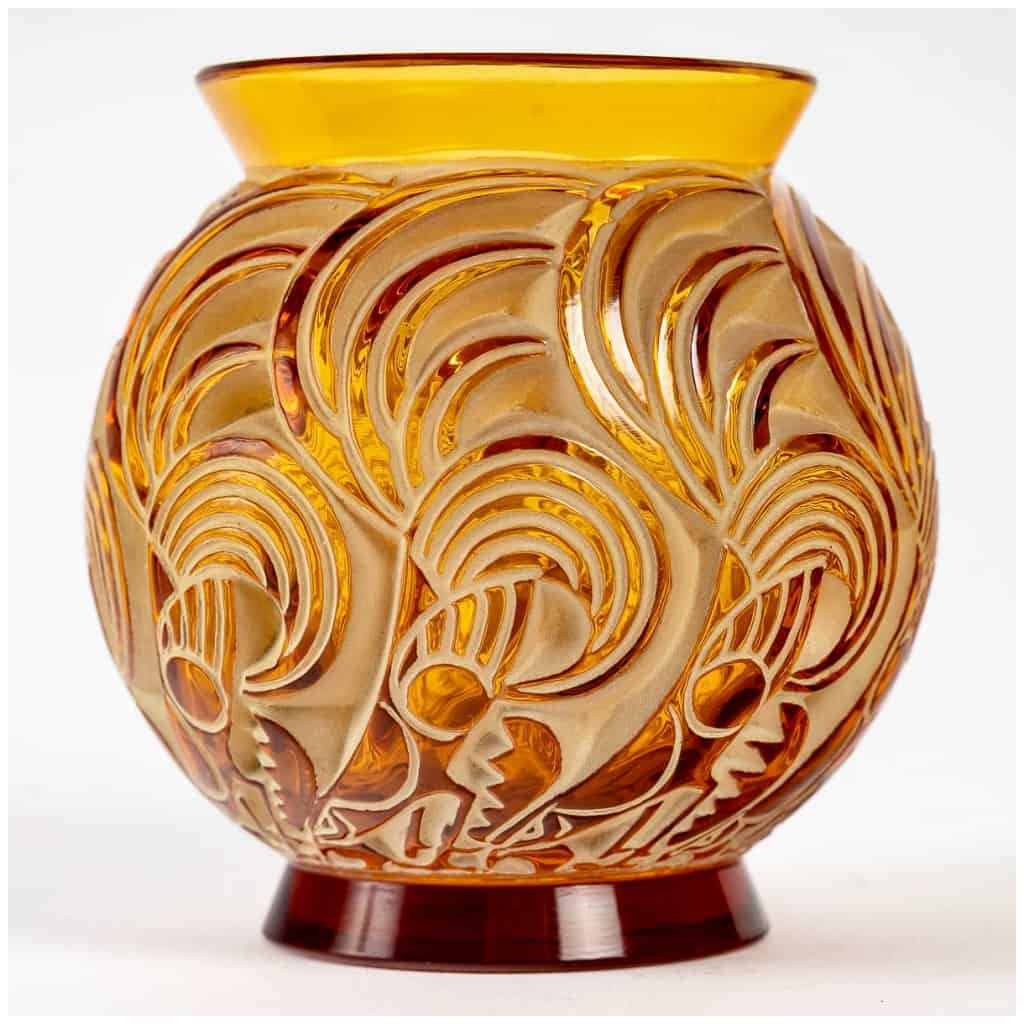 1931 René Lalique – Vase Bresse Verre Jaune Ambre Patiné Vert Beige 5